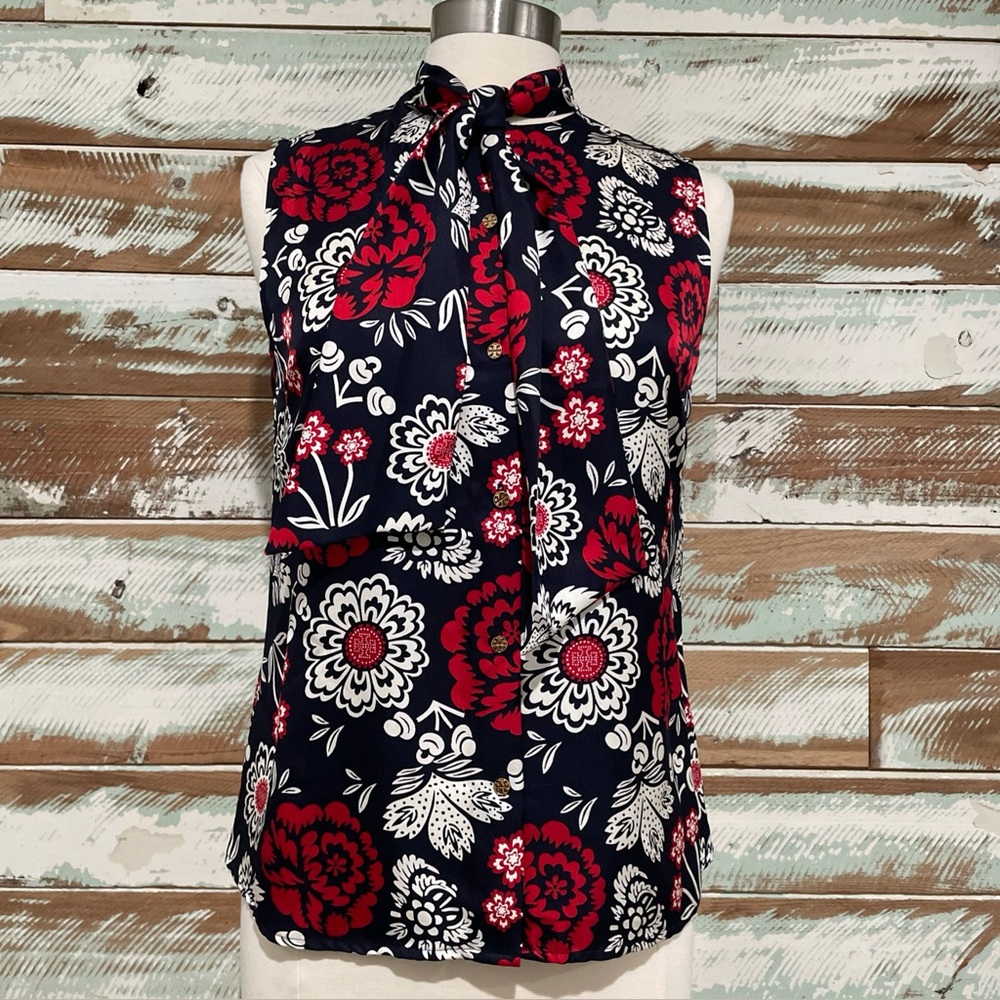 🌸SOLD🌸 TORY BURCH Women's Floral 100% Silk Casual Career  Blue Floral Summer
